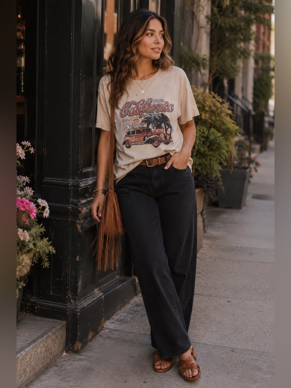 SHEIN Beige California Graphic Short-Sleeve Crew Beck CottonTee Size XS